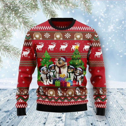 Lovely Shetland Sheepdogs Family With Christmas Presents Gift For Christmas Ugly Christmas Sweater