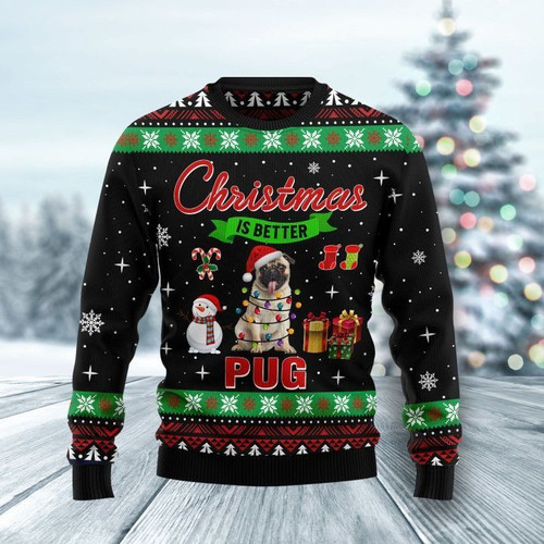 Lovely Pug Dog With Colorful Light And Snowman Christmas Is Better Gift For Christmas Ugly Christmas Sweater