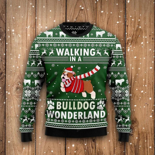 Green Background Lovely Funny Dog Walking In A Bulldog Wonderland Gift For Christmas Ugly Christmas Sweater