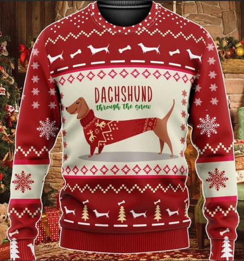 Lovely Funny Dog Dachshund Through The Snow Gift For Christmas Ugly Christmas Sweater