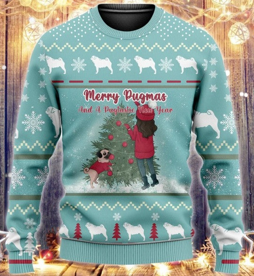 Lovely Dog Play With Little Girl Merry Pugmas And A New Year Gift For Christmas Ugly Christmas Sweater
