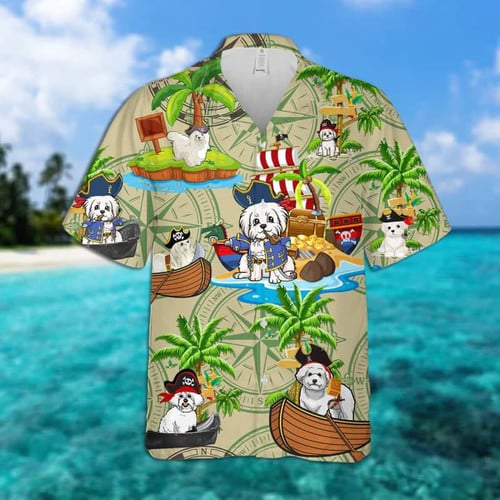 Maltese Dog With Coconut On Island Pirates Hawaii Hawaiian Shirt