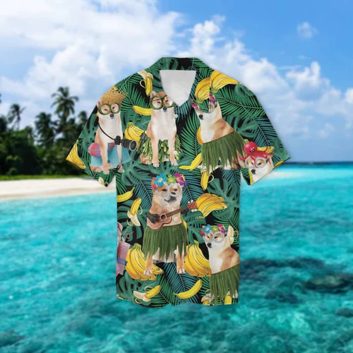 Shiba Inu Dog With Banana And Leaf Tropical Summer Leaves Hawaii Hawaiian Shirt