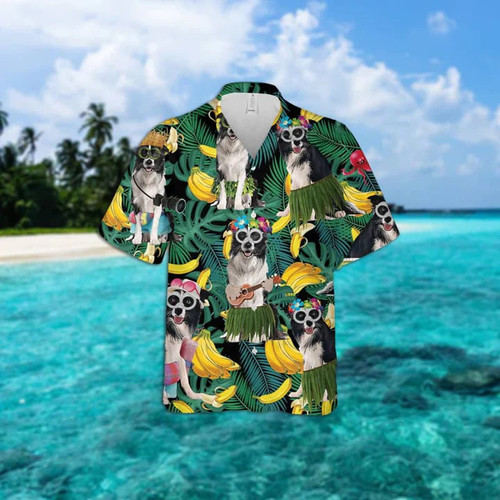 Border Collie Dog With Banana And Leaf Tropical Summer Leaves Hawaii Hawaiian Shirt