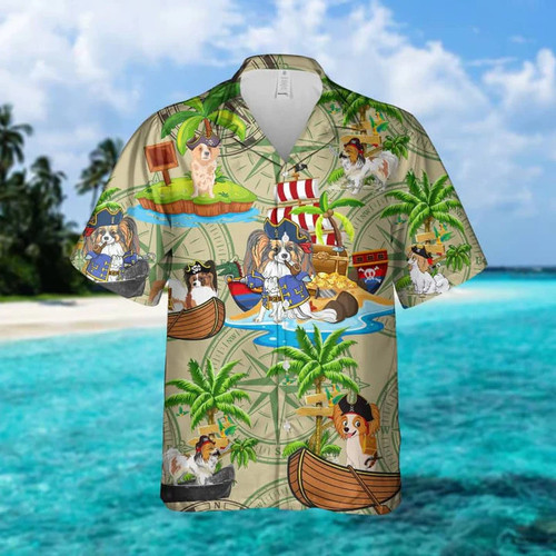 Papillon Dog With Coconut On Island Pirates Hawaii Hawaiian Shirt