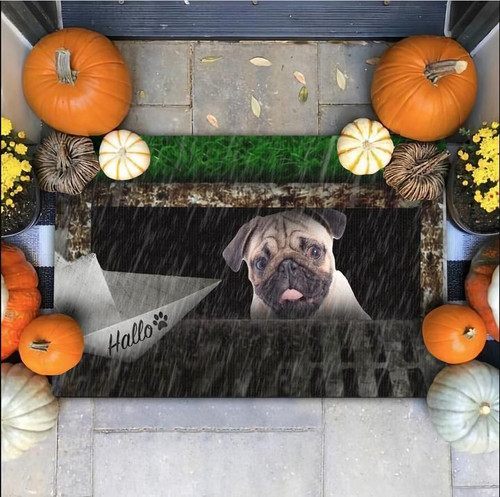 Happy Halloween Pumpkin With Adorable Pug Down The Drain Doormat Gift Christmas Home Decor