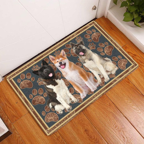 Akita Dogs On Blue Flower Paws With Brown Border Doormat Gift Christmas Home Decor
