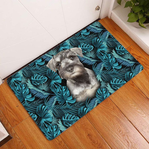 Miniature Schnauzer Dog On Blue Leaves Background Doormat Gift Christmas Home Decor