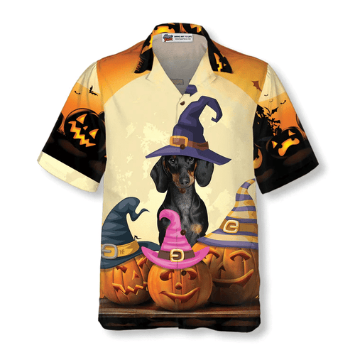 Dachshund Dog And Pumpkin Wearing Witch Hat Halloween Hawaii Hawaiian Shirt