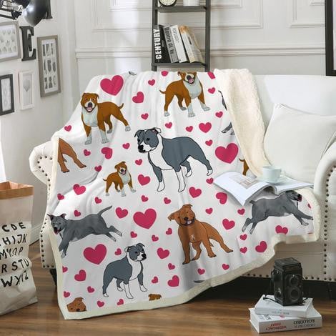 Staffordshire Bull Terrier Covered By Hearts Fleece Sherpa Throw Blanket