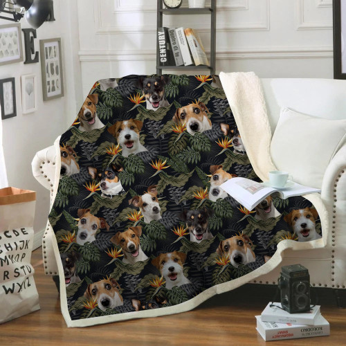 Jack Russell Terrier With Leaves And Flowers Pattern Fleece Sherpa Throw Blanket
