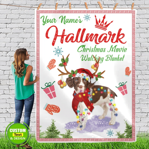 Cute English Springer Spaniel Custom Name Hallmark Christmas Movie Watching Fleece Sherpa Throw Blanket