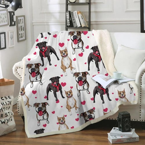 American Staffordshire Terrier With Pink Hearts Fleece Sherpa Throw Blanket