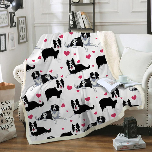 Border Collie And Pink Hearts Fleece Sherpa Throw Blanket