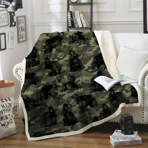 American Cocker Spaniel Army Pattern Fleece Sherpa Throw Blanket