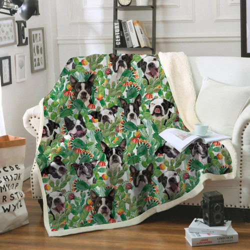 Boston Terrier And Cactus Cute Design Fleece Sherpa Throw Blanket