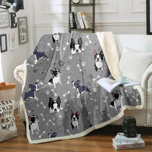 Boston Terrier With Bones And Paws Fleece Sherpa Throw Blanket