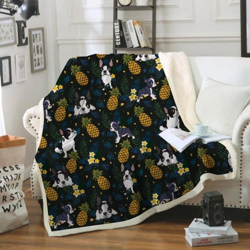 Boston Terrier And Pineapple Cute Design Fleece Sherpa Throw Blanket
