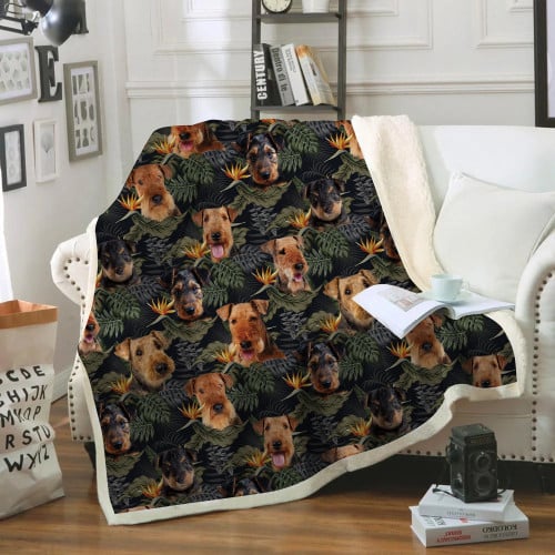 Airedale Terrier And Leaves Black Design Fleece Sherpa Throw Blanket
