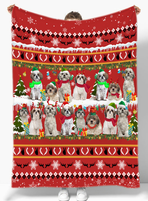 Shih Tzu Christmas Blanket Sherpa Throw Blanket Best Gift For Dog Lovers Fleece Sherpa Throw Blanket