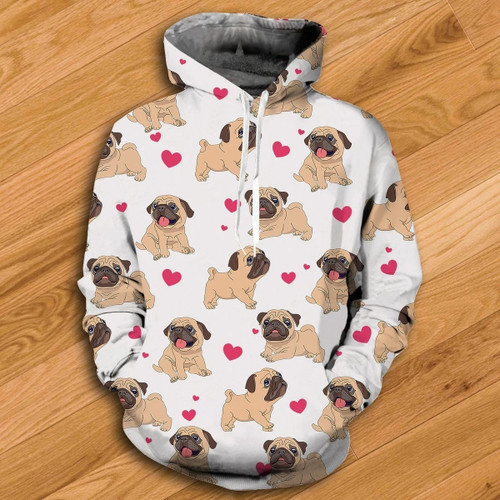 Pug Dog With Mini Heart Art All Over Print Hoodie Zip Hoodie