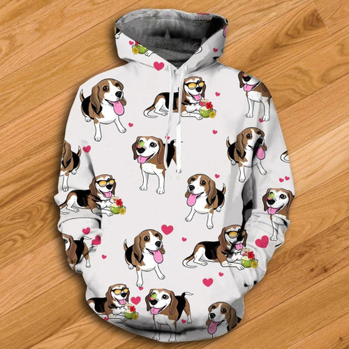 Beagle Dog With Mini Heart Art All Over Print Hoodie Zip Hoodie