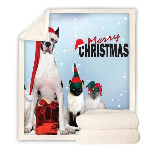 Merry Christmas Cats And Dog Friendship Fleece Sherpa Throw Blanket