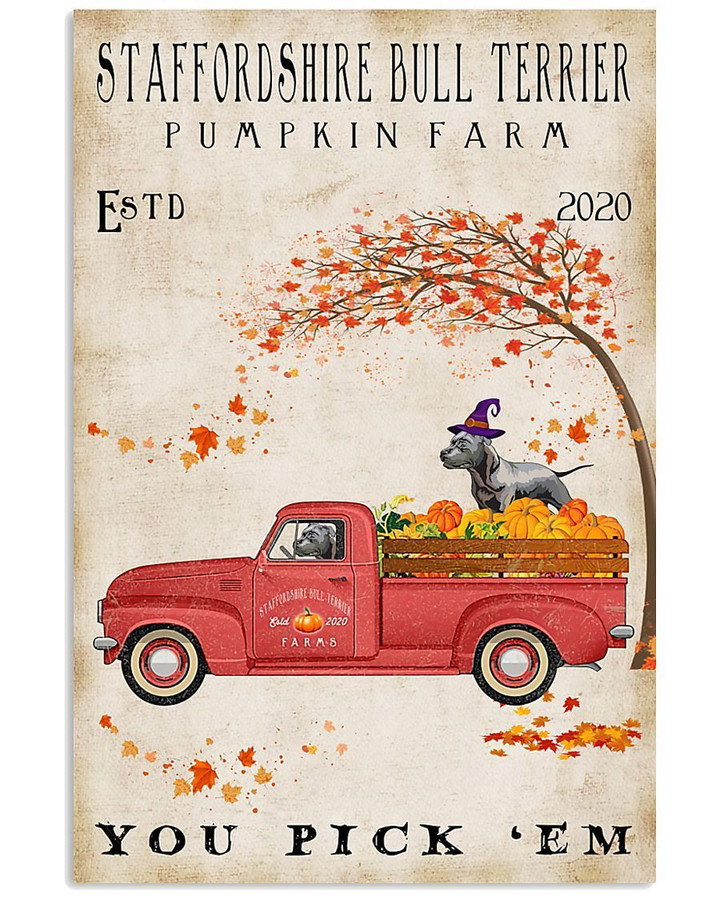Staffordshire Bull Terrier Weat A Halloween Hat Drive A Car Which Is Pumpkin Farm  Vertical Canvas Poster