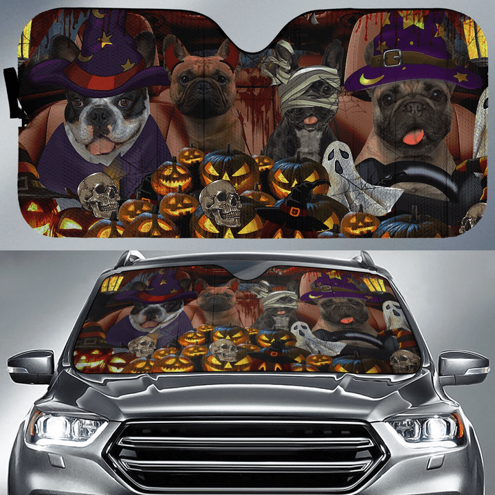 Halloween Frenchie With Witch Hat, Mummies And Dracula Car Windshield Auto Sun Shade Sunshade UV