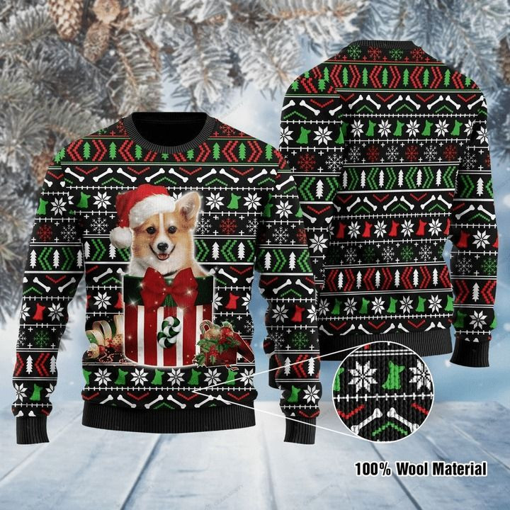 Christmas Patterns And Lovely Corgi In The Box Gift For Christmas Ugly Christmas Sweater
