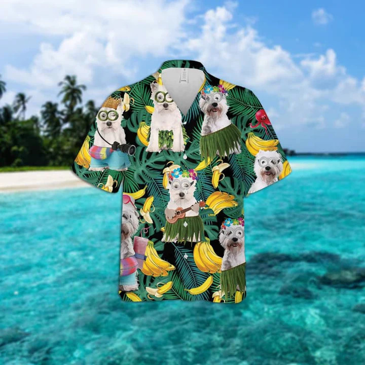 West Highland White Terrier Dog With Banana And Leaf Tropical Summer Leaves Hawaii Hawaiian Shirt