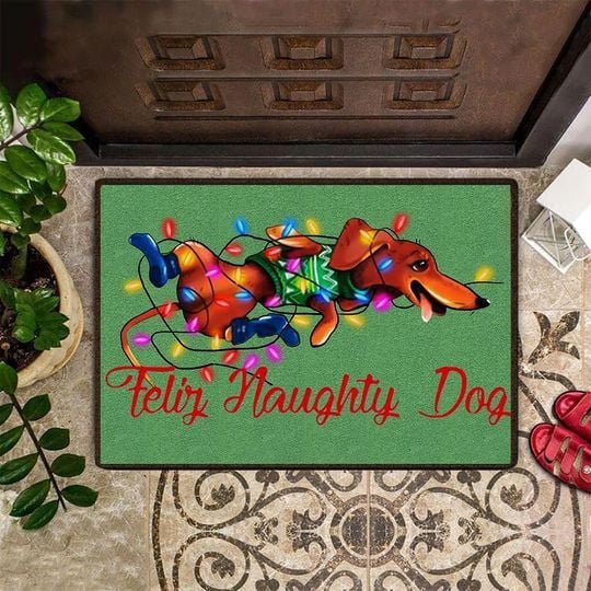 Dachshund Feliz Naughty Dog Merry Christmas Doormat Gift Christmas Home Decor