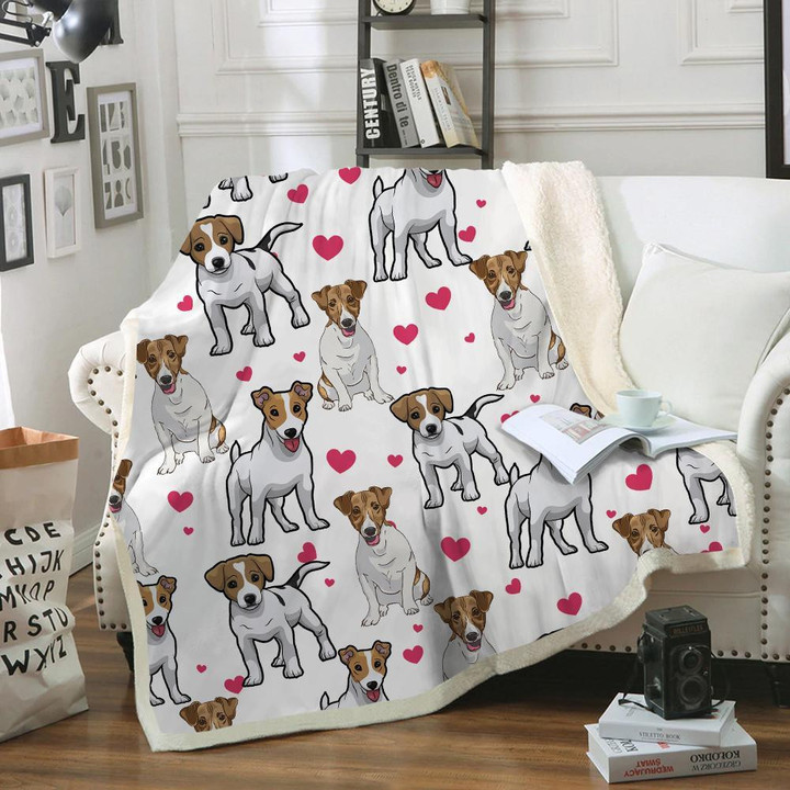 Jack Russell Terrie And Pink Hearts Fleece Sherpa Throw Blanket