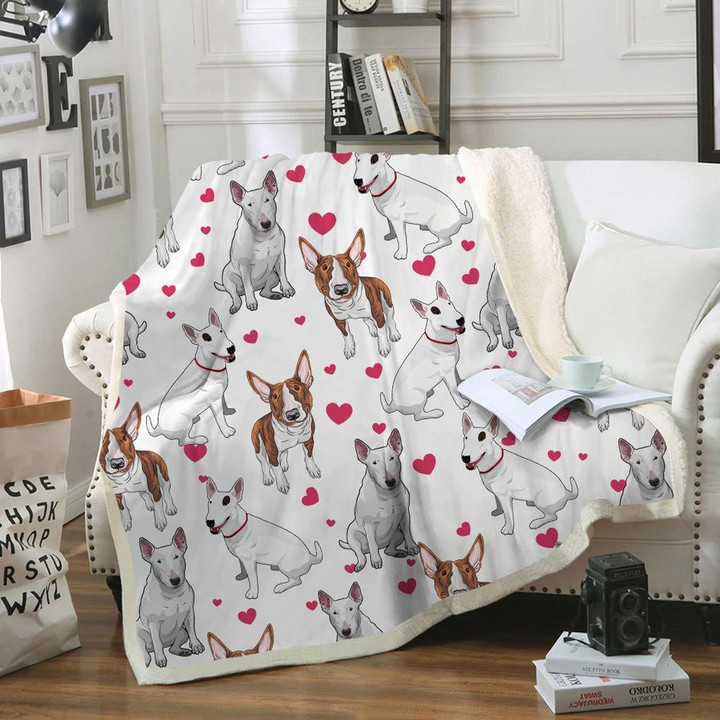 Bull Terrier Art Design And Pink Hearts Fleece Sherpa Throw Blanket