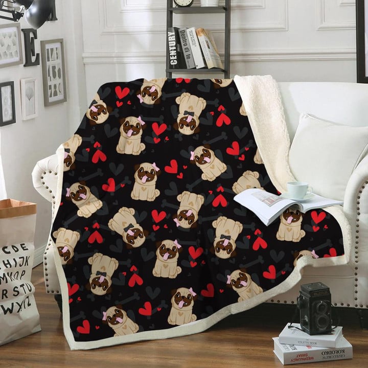 Cute Pug With Red Hearts Design Fleece Sherpa Throw Blanket