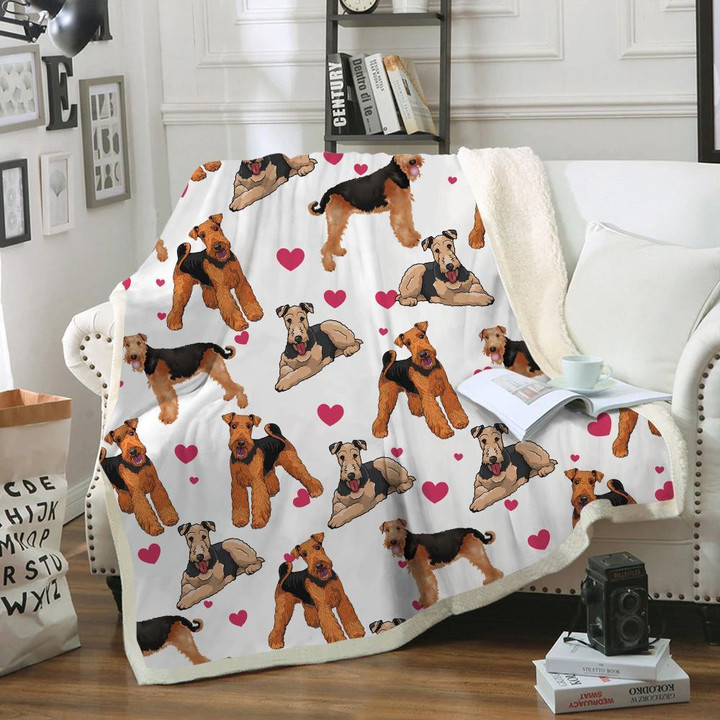Airedale Terrier And Pink Hearts Fleece Sherpa Throw Blanket