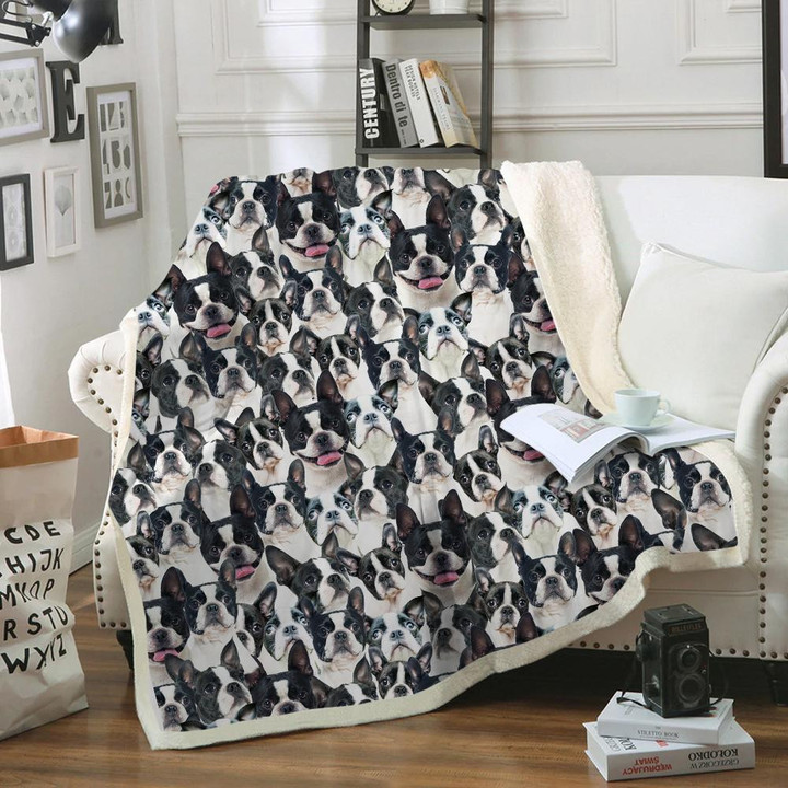 Boston Terrier Family Full Art Design Fleece Sherpa Throw Blanket