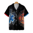 Firefighter And Paramedic Yin And Yang Firefighter Hawaiian Shirt, Red Fire Dept Logo And Blue Star Of Life Firefighter Shirt For Men