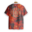 Firefighter Flag And Logo Hawaiian Shirt, Red Flame Background American Flag Firefighter Shirt For Men