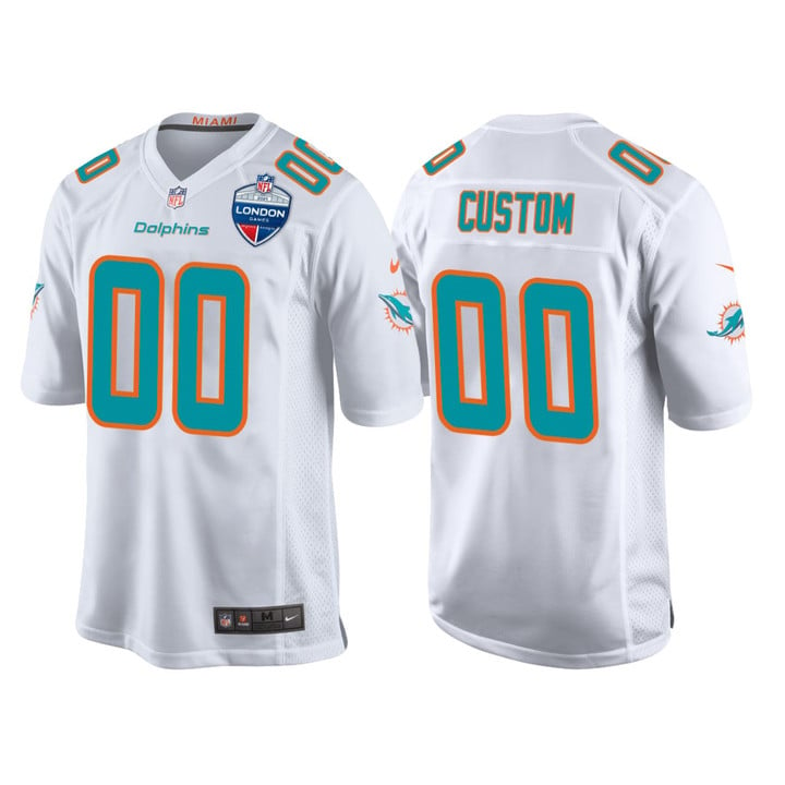 Miami Dolphins Custom White 2021 London Games Patch Game Jersey