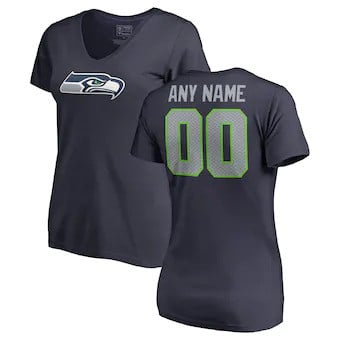 Seattle Seahawks Women's Customized Icon Name & Number Logo V-Neck T-Shirt - Navy