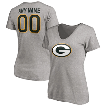 Green Bay Packers Women's Customized Winning Streak Logo Name & Number V-Neck T-Shirt - Heathered Gray