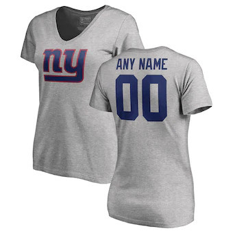 New York Giants Women's Customized Icon Name & Number Logo V-Neck T-Shirt - Heather Gray