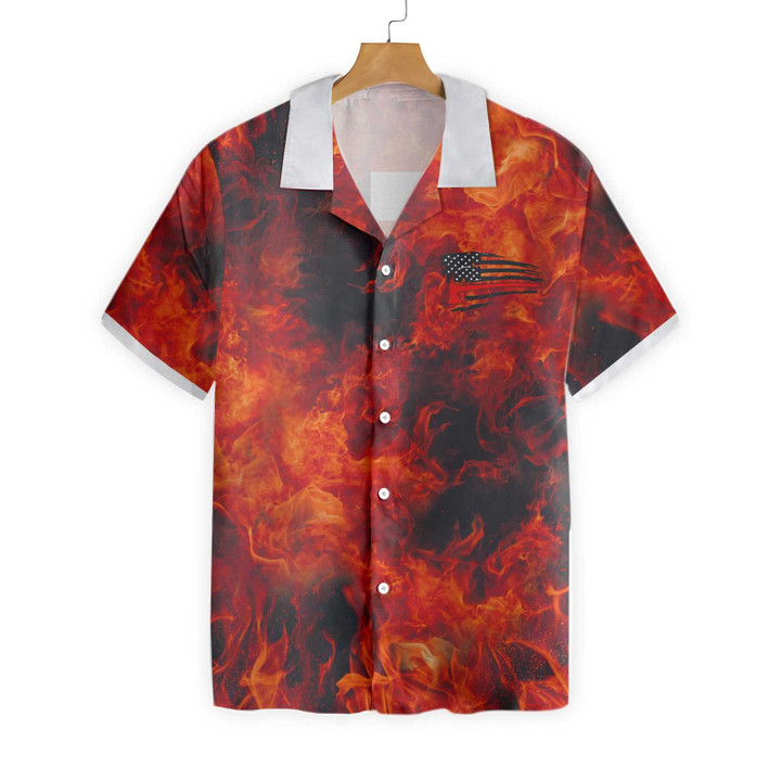 Firefighter Flag And Logo Hawaiian Shirt, Red Flame Background American Flag Firefighter Shirt For Men