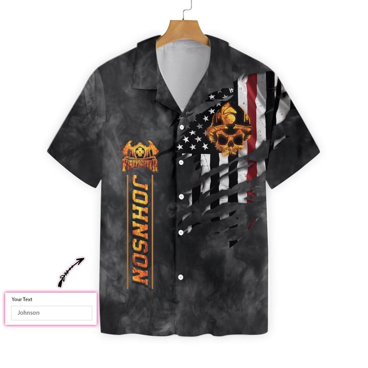 Firefighter Skull And Ripped American Flag Custom Hawaiian Shirt, Personalized Black And Gold Firefighter Hawaiian Shirt