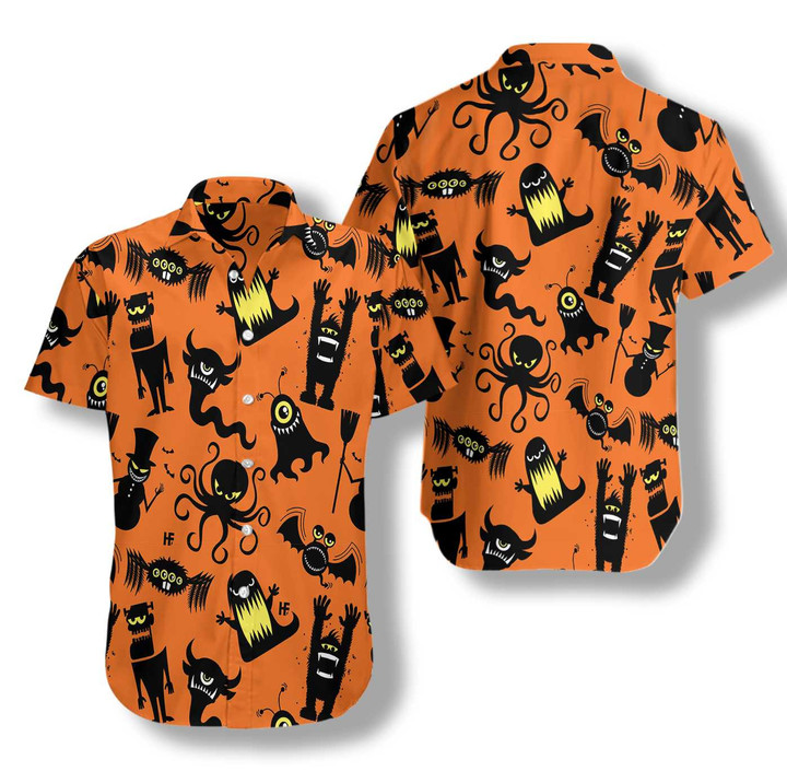 Cute Monster Silhouette Halloween Bigfoot Hawaiian Shirt, Pumpkin Orange And Black Halloween Bigfoot Shirt For Men