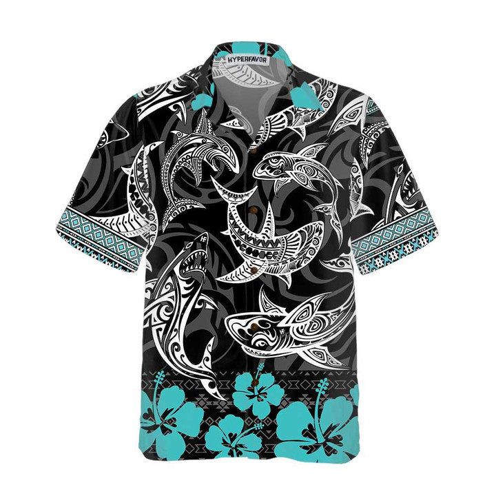 Polynesian Shark Hawaiian Shirt, Shark Shirt Button Up For Adults, Shark Print Shirt