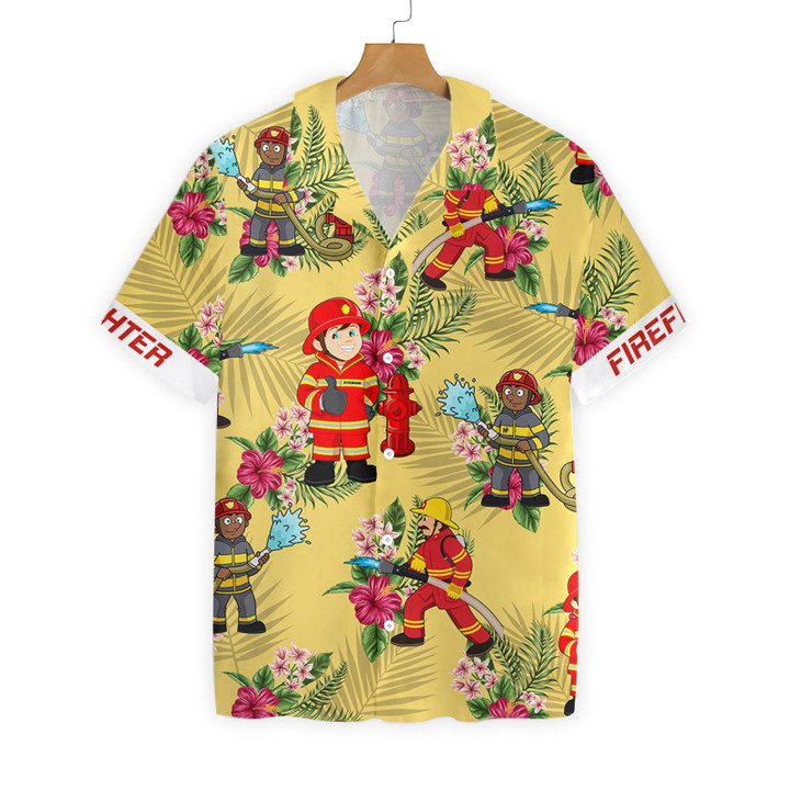 Graphic Proud Firefighter Hawaiian Shirt, Cream Tropical Floral Firefighter Shirt For Men