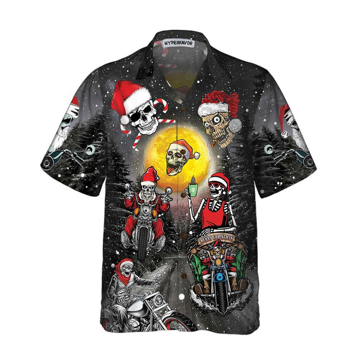 Santa Skeleton Merry Christmas Hawaiian Shirt, Funny Motorcycle Skull Biker Christmas Shirt, Gift For Christmas