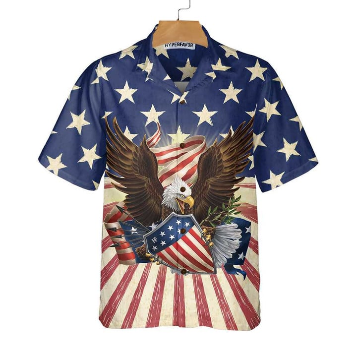 Patriotic Eagle Defending Honor And America Hawaiian Shirt, American Flag Button-down Shirt